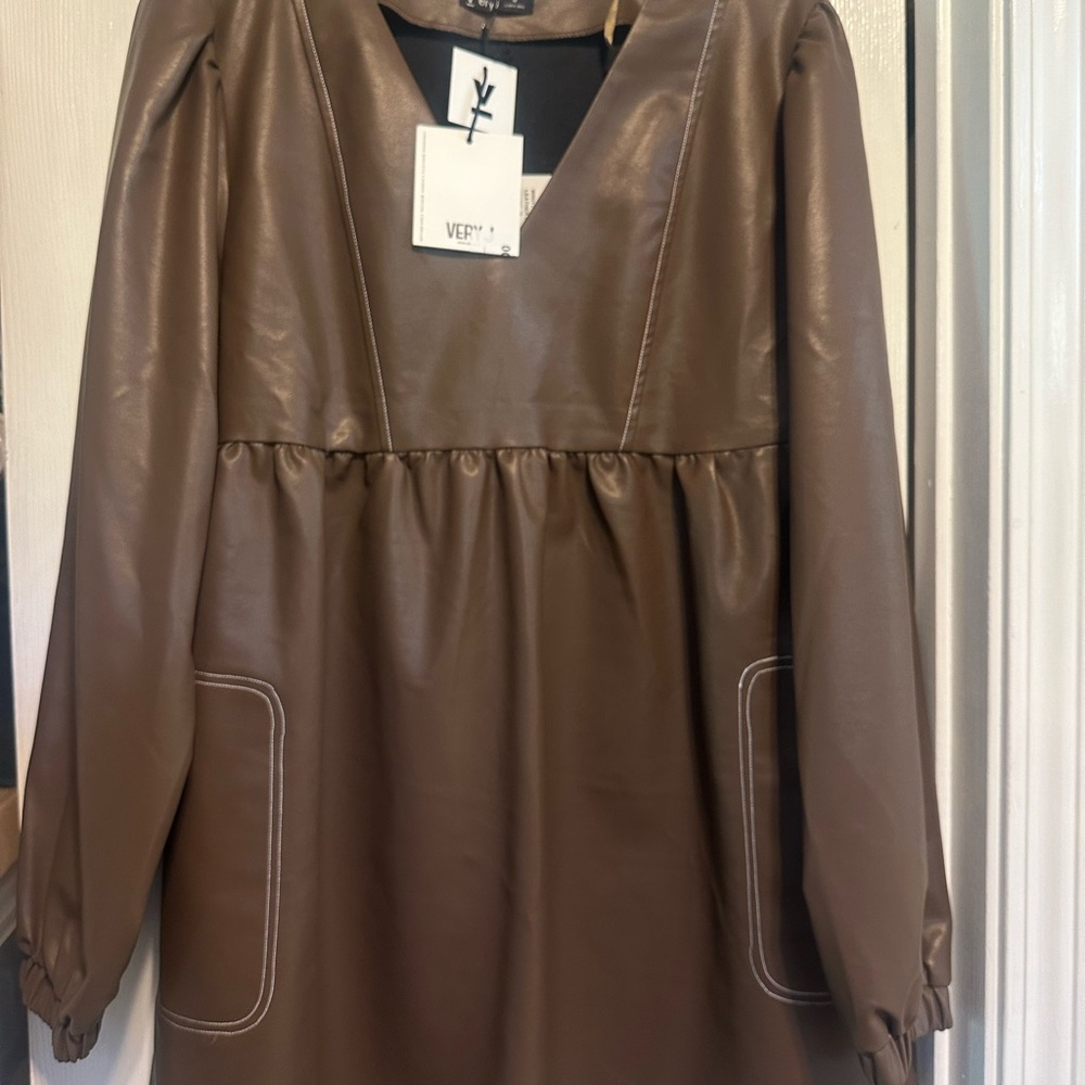 Brown Faux Leather Women's Dress with Pockets